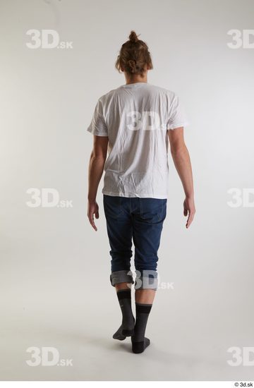 Whole Body Back Man White Casual Shirt Jeans Slim Walking Studio photo references