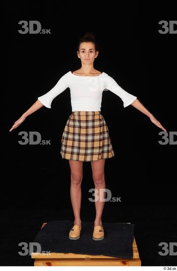 Whole Body Woman White Casual Shoes Shirt Skirt Slim Standing Studio photo references