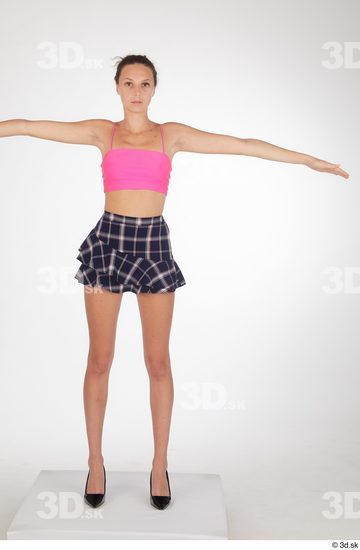 Isabella De Laa black high heels blue short skirt casual dressed pink crop top thin straps standing t pose whole body  jpg