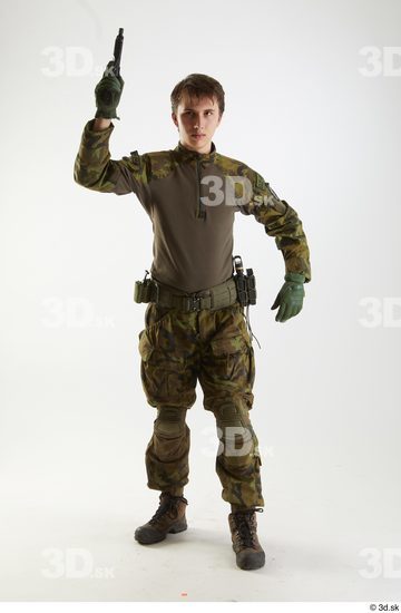 Whole Body Weapons-Pistol Man Pose with pistol White Uniform Athletic Studio photo references