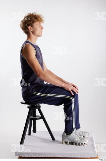 Whole Body Man White Sports Pants Slim Sitting Top Studio photo references