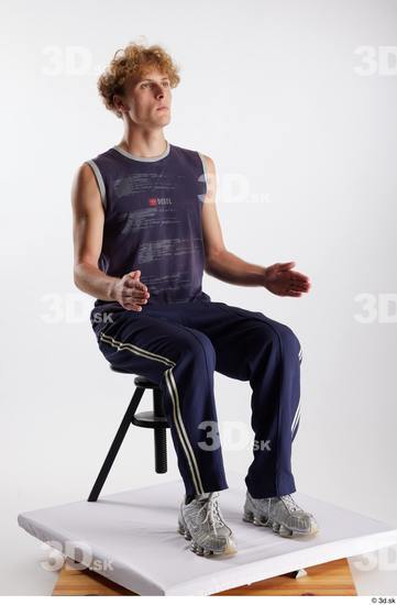 Whole Body Man White Sports Pants Slim Sitting Top Studio photo references