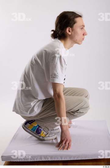 Man White Casual Shirt Jeans Slim Kneeling Studio photo references