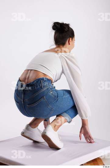 Whole Body Woman White Casual Slim Kneeling Studio photo references