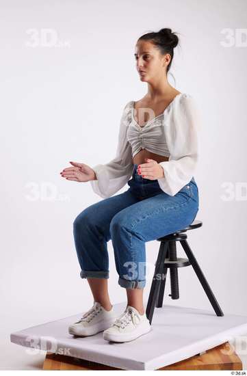 Whole Body Woman White Casual Slim Sitting Studio photo references