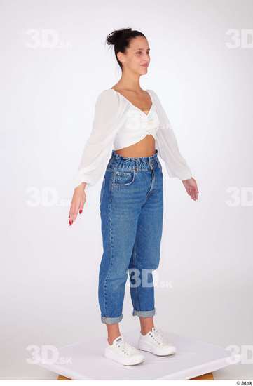 Whole Body Woman White Jeans Blouse Slim Standing Studio photo references