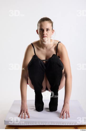 Whole Body Woman White Skirt Slim Kneeling Top Studio photo references