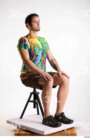 Whole Body Man White Casual Shorts Average Parrot Sitting Studio photo references