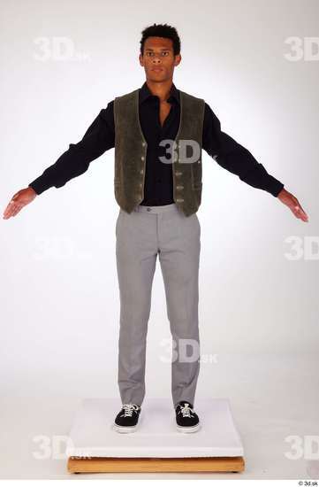 Whole Body Man Black Casual Shirt Trousers Vest Athletic Standing Studio photo references