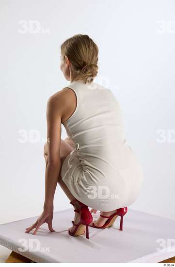 Whole Body Woman White Casual Dress Slim Kneeling Studio photo references