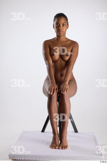 Whole Body Woman Black Nude Slim Sitting Studio photo references