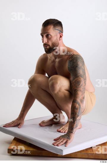 Whole Body Man White Underwear Slim Kneeling Studio photo references