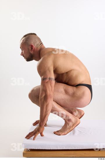 Whole Body Man White Underwear Muscular Kneeling Studio photo references