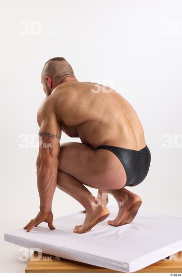 Whole Body Man White Underwear Muscular Kneeling Studio photo references