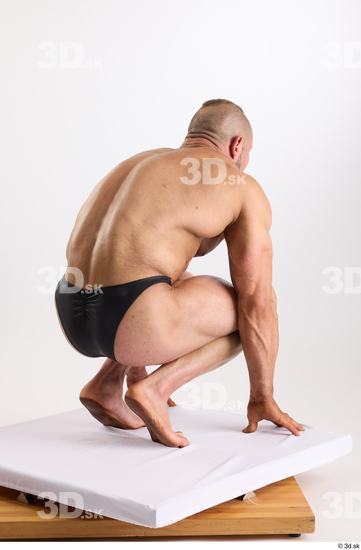 Whole Body Man White Underwear Muscular Kneeling Studio photo references