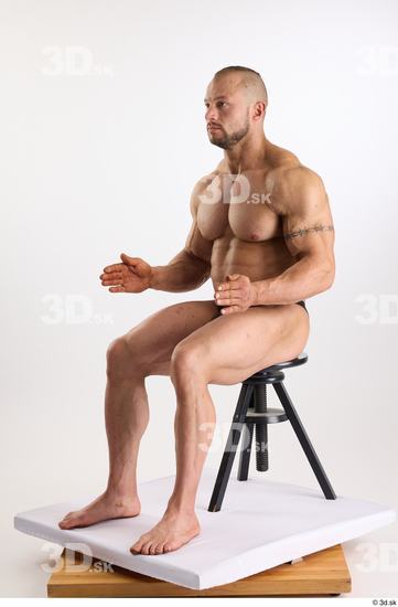 Whole Body Man White Underwear Muscular Sitting Studio photo references