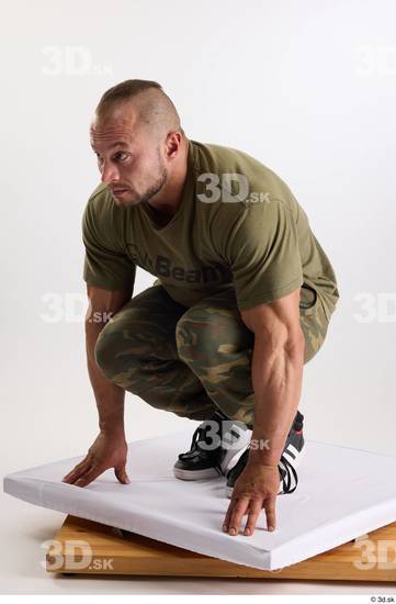 Whole Body Man White Casual Muscular Athletic Kneeling Studio photo references