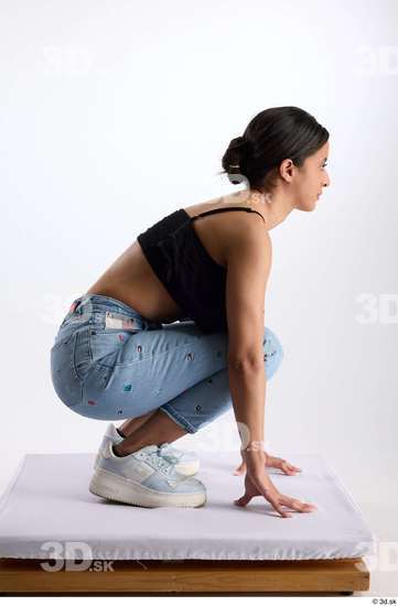 Whole Body Woman Casual Jeans Slim Kneeling Top Studio photo references