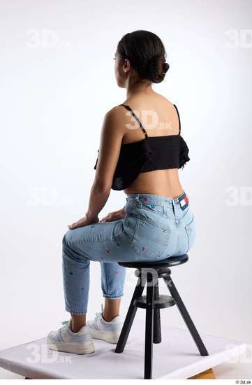 Whole Body Woman Casual Jeans Slim Sitting Top Studio photo references