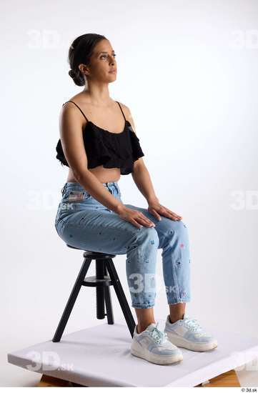 Whole Body Woman Casual Jeans Slim Sitting Top Studio photo references