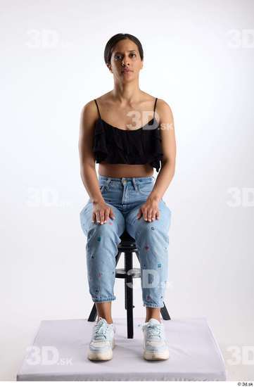 Whole Body Woman Casual Jeans Slim Sitting Top Studio photo references