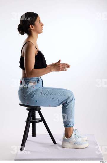 Whole Body Woman Casual Jeans Slim Sitting Top Studio photo references