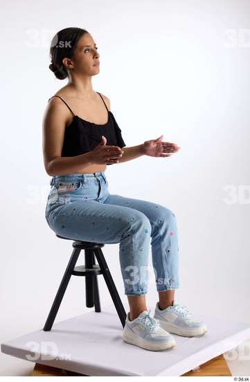 Whole Body Woman Casual Jeans Slim Sitting Top Studio photo references